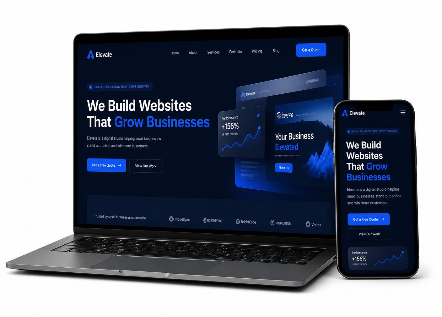 Modern small business website shown on a laptop and mobile phone